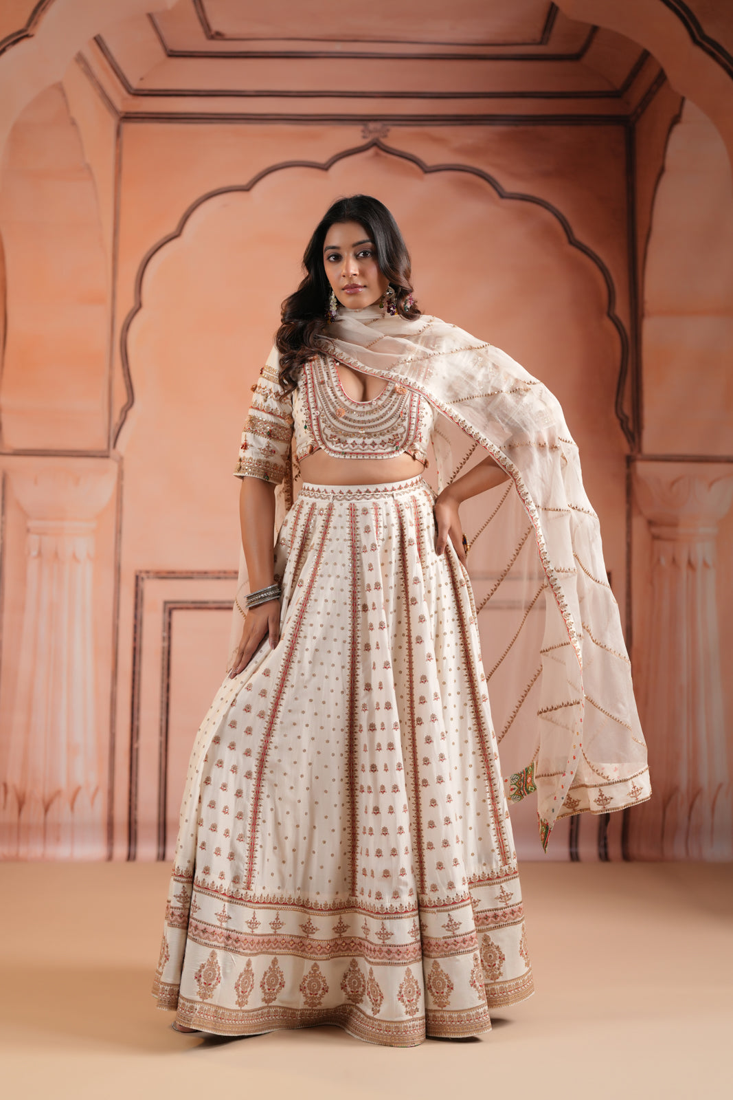 Off White Raw Silk Crop Top Lehenga Set With Allover Sequin Work And Embroidery