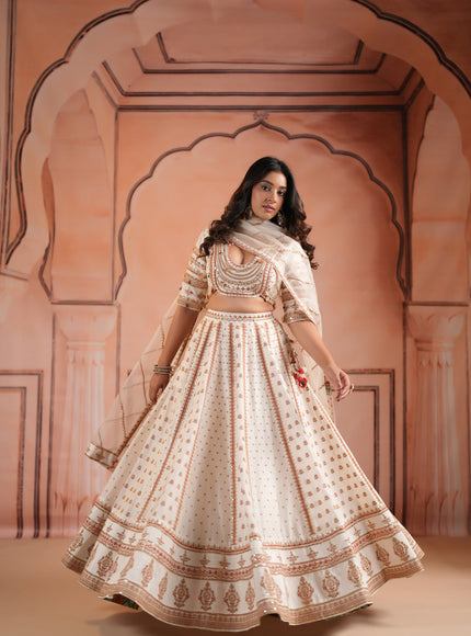 Off White Raw Silk Crop Top Lehenga Set With Allover Sequin Work And Embroidery
