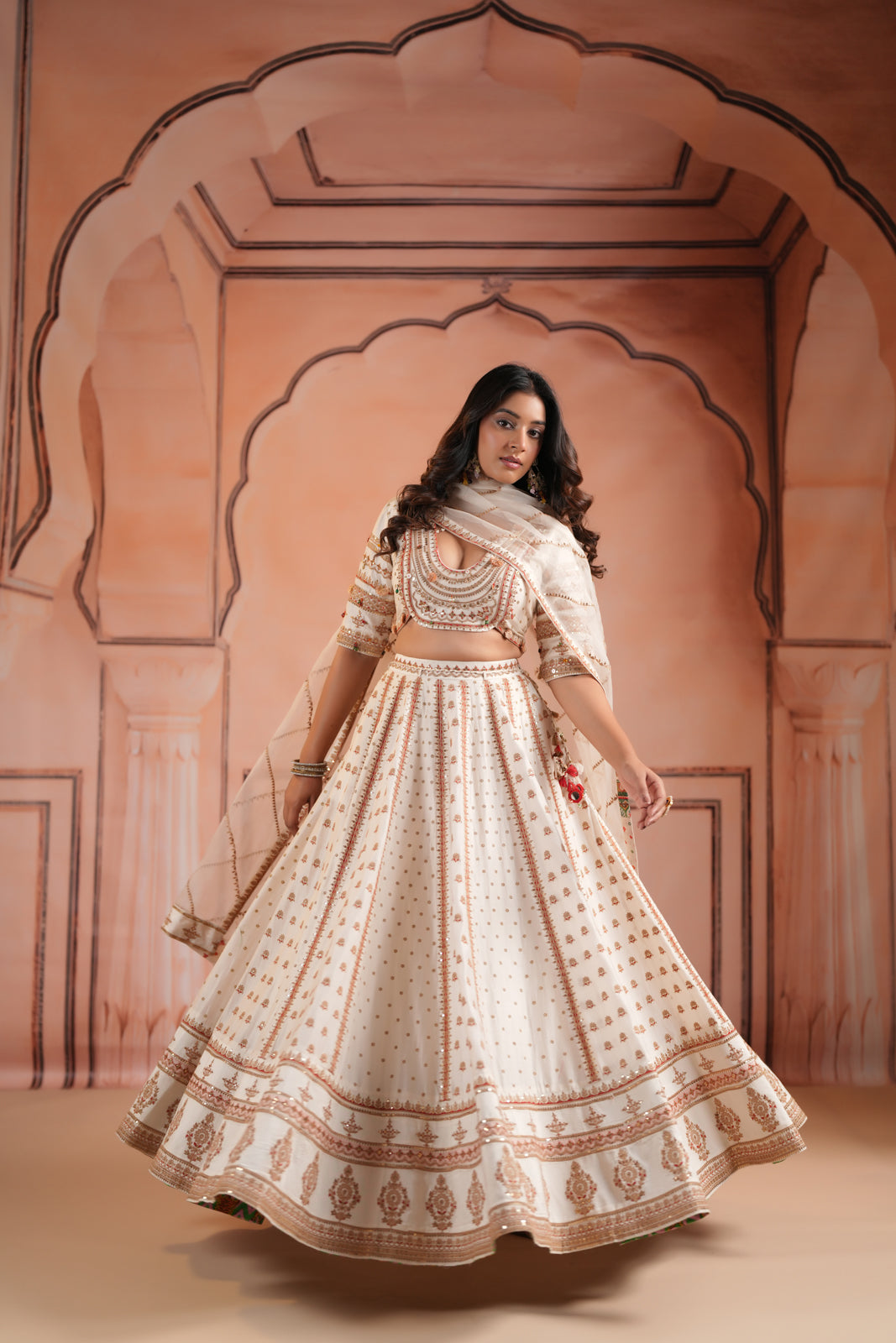 Off White Raw Silk Crop Top Lehenga Set With Allover Sequin Work And Embroidery
