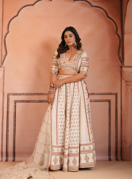 Off White Raw Silk Crop Top Lehenga Set With Allover Sequin Work And Embroidery
