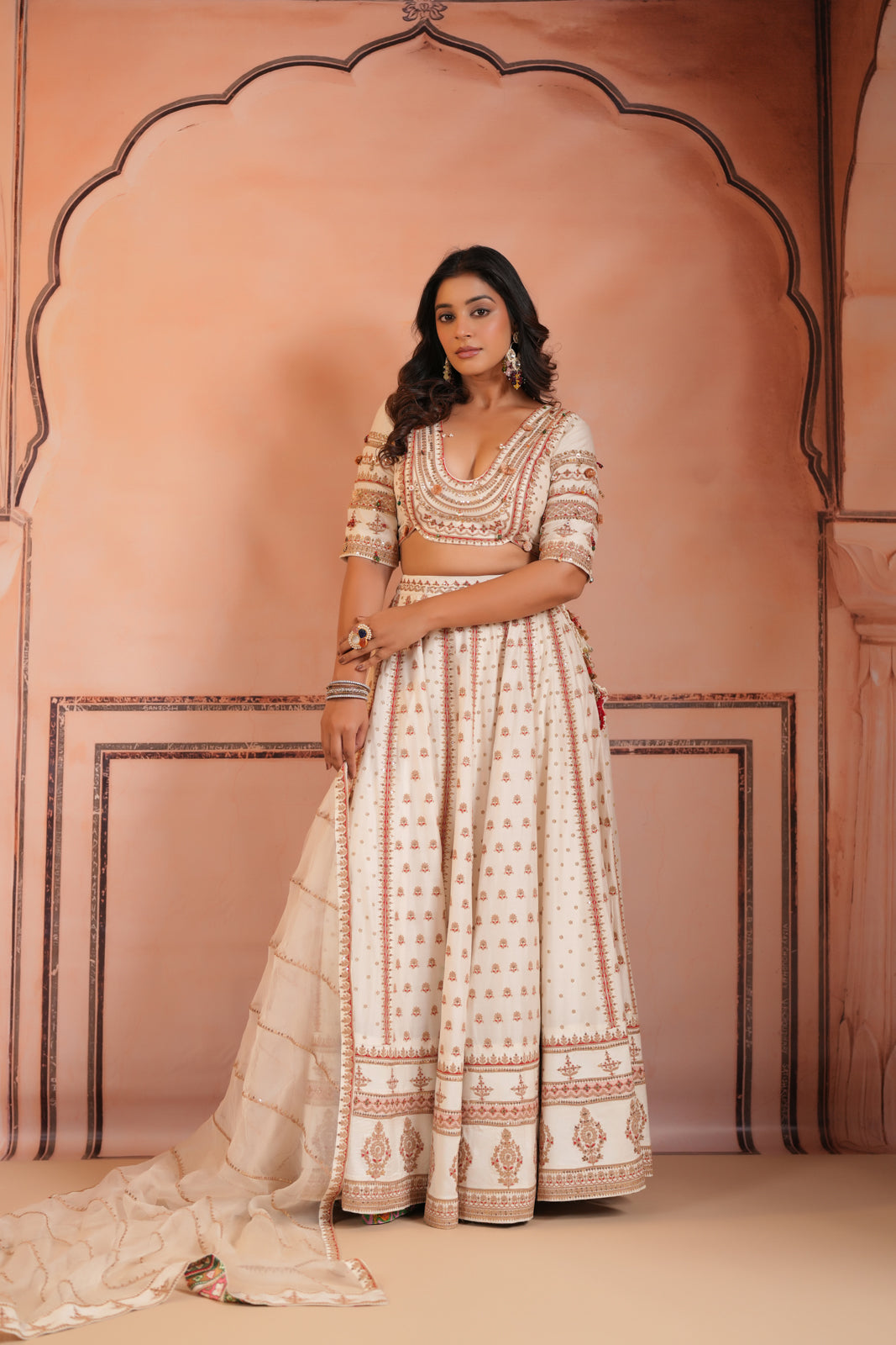 Off White Raw Silk Crop Top Lehenga Set With Allover Sequin Work And Embroidery