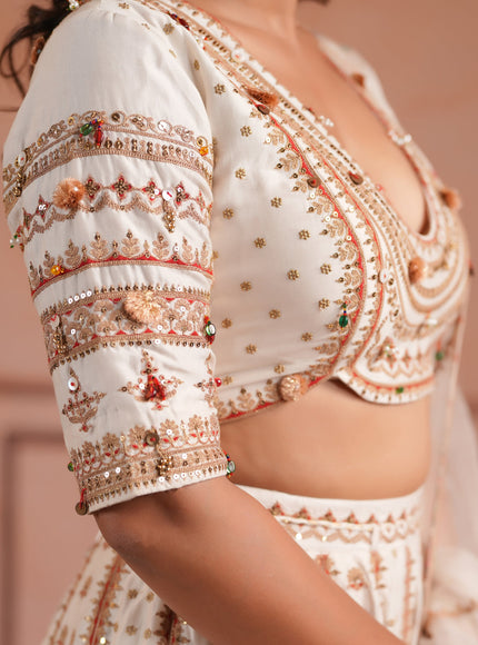 Off White Raw Silk Crop Top Lehenga Set With Allover Sequin Work And Embroidery