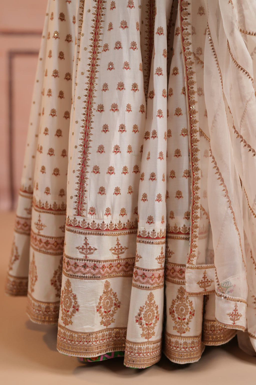 Off White Raw Silk Crop Top Lehenga Set With Allover Sequin Work And Embroidery