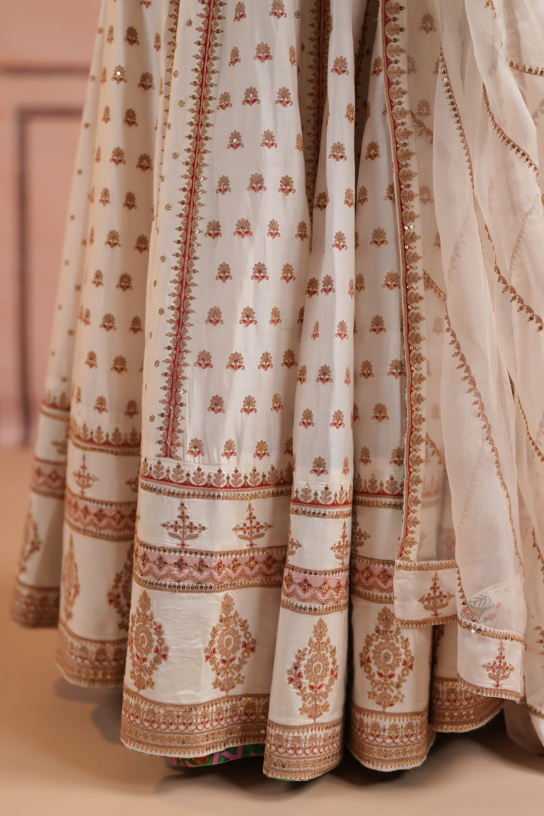 Off White Raw Silk Crop Top Lehenga Set With Allover Sequin Work And Embroidery