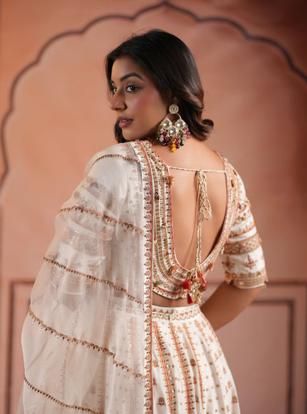Off White Raw Silk Crop Top Lehenga Set With Allover Sequin Work And Embroidery