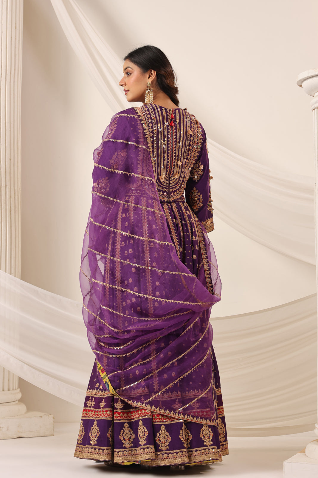 Purple Raw Silk Etnic Peplum Kurti With Lehanga Set And Netted Dupatta