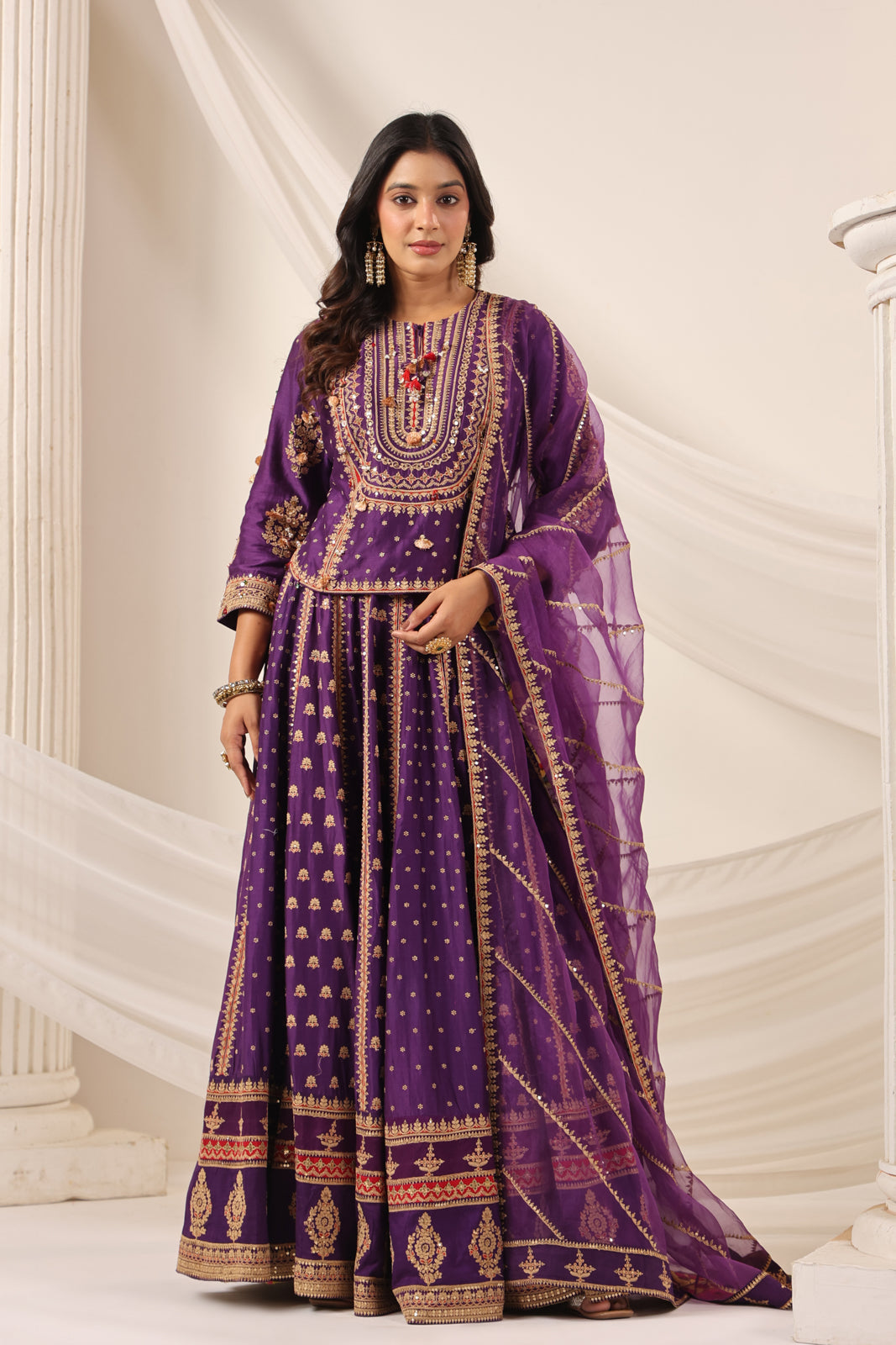 Purple Raw Silk Etnic Peplum Kurti With Lehanga Set And Netted Dupatta
