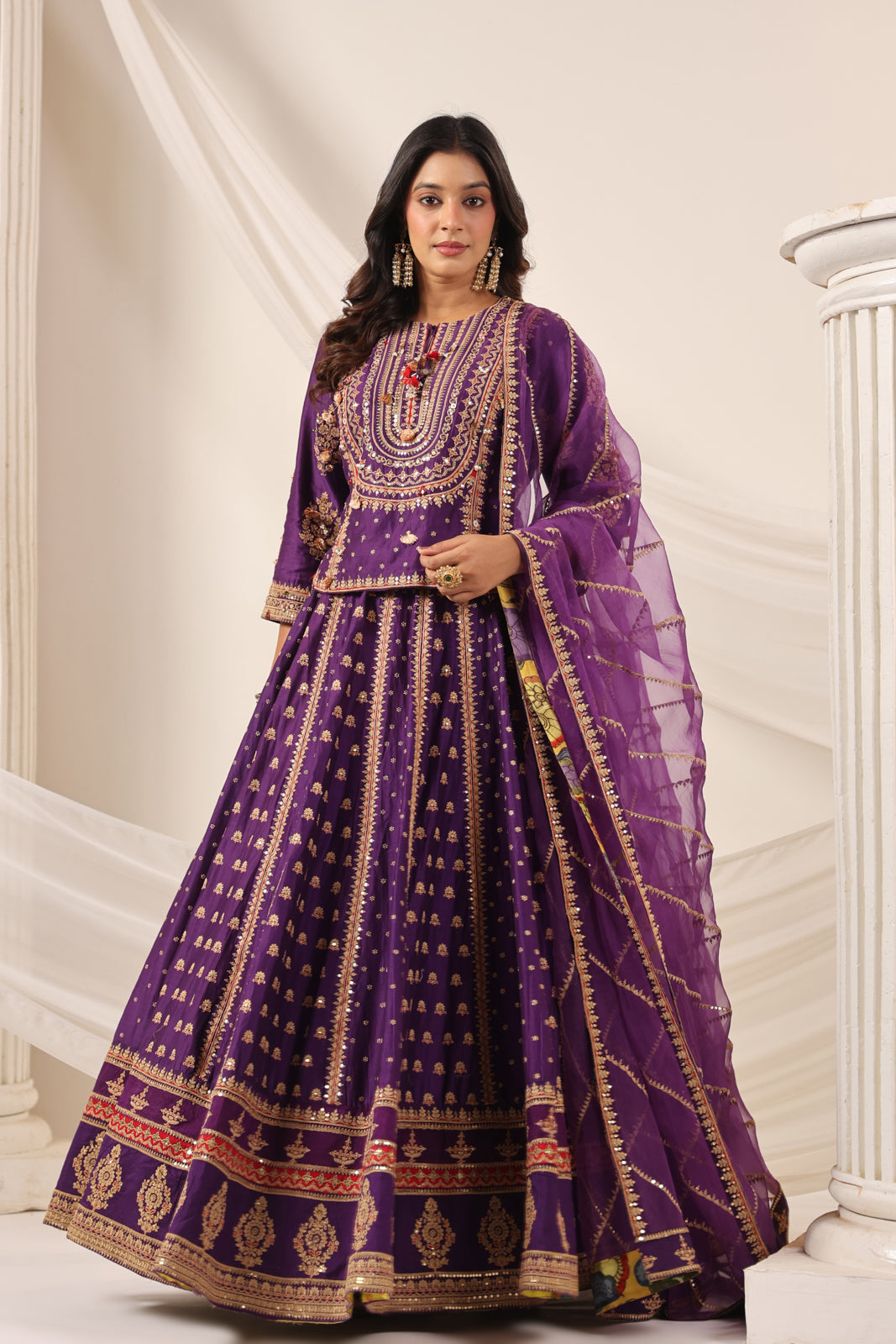 Purple Raw Silk Etnic Peplum Kurti With Lehanga Set And Netted Dupatta