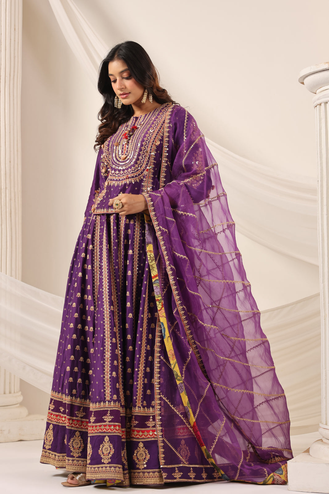 Purple Raw Silk Etnic Peplum Kurti With Lehanga Set And Netted Dupatta