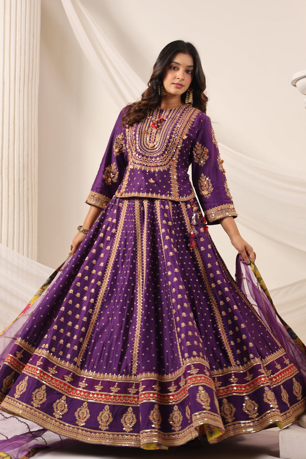 Purple Raw Silk Etnic Peplum Kurti With Lehanga Set And Netted Dupatta