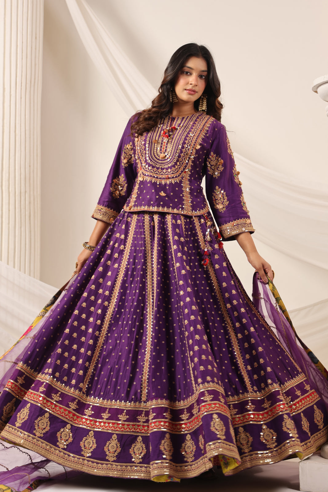 Purple Raw Silk Etnic Peplum Kurti With Lehanga Set And Netted Dupatta