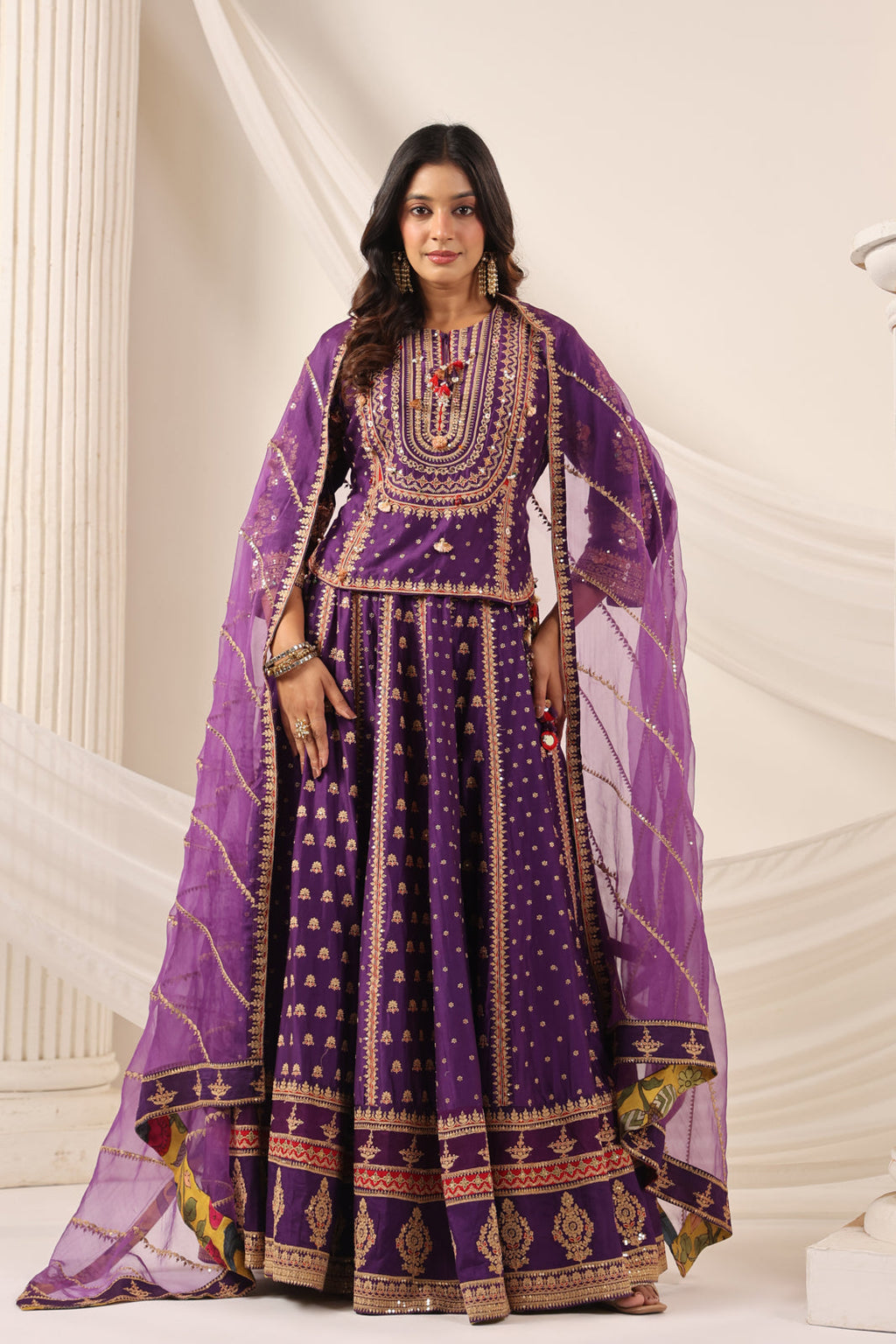 Purple Raw Silk Etnic Peplum Kurti With Lehanga Set And Netted Dupatta