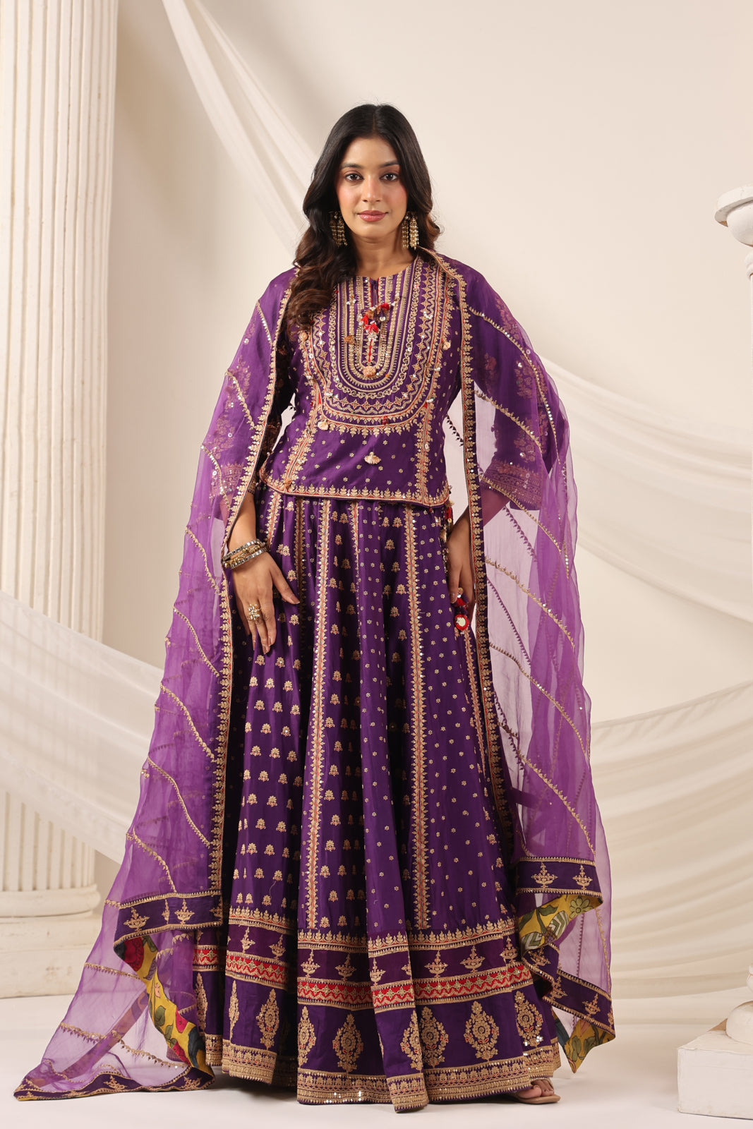 Purple Raw Silk Etnic Peplum Kurti With Lehanga Set And Netted Dupatta