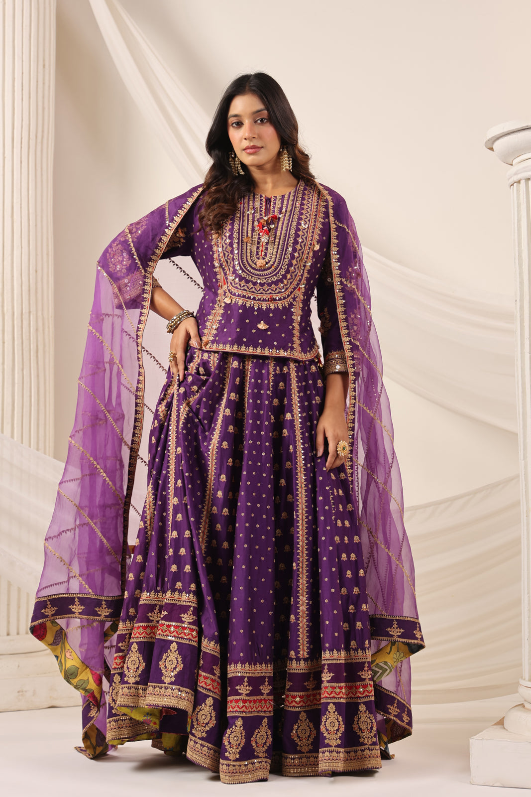 Purple Raw Silk Etnic Peplum Kurti With Lehanga Set And Netted Dupatta