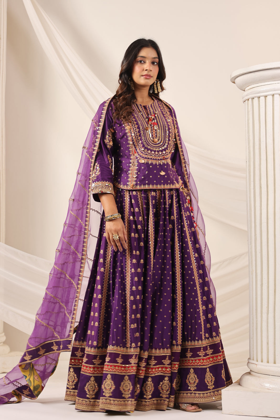 Purple Raw Silk Etnic Peplum Kurti With Lehanga Set And Netted Dupatta