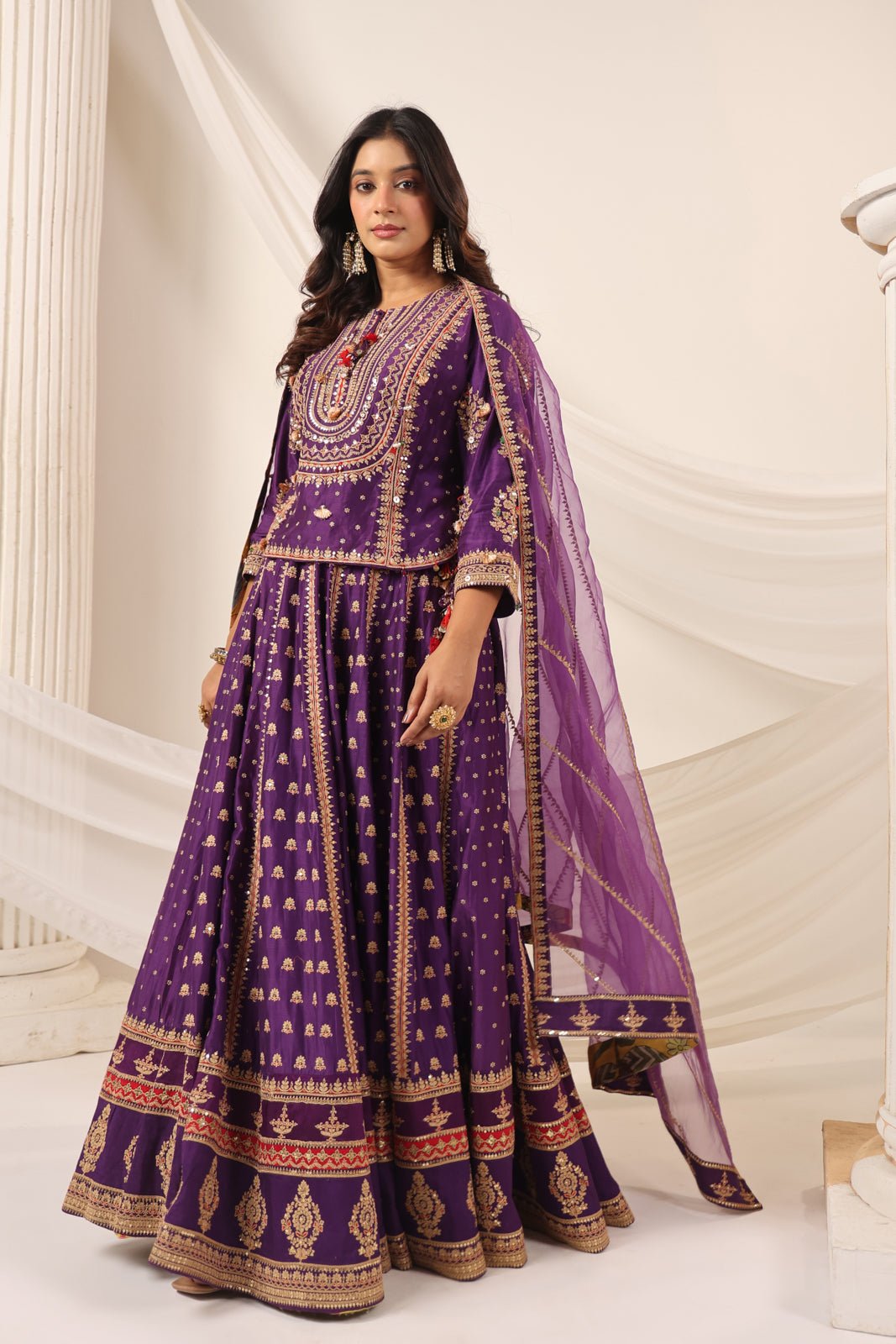 Purple Raw Silk Etnic Peplum Kurti With Lehanga Set And Netted Dupatta
