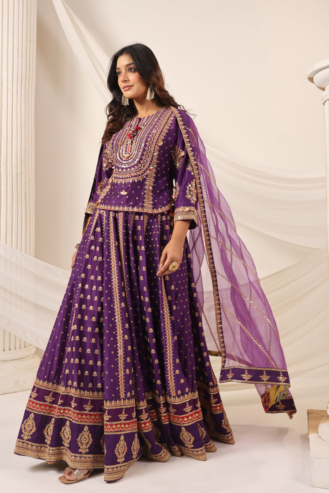 Purple Raw Silk Etnic Peplum Kurti With Lehanga Set And Netted Dupatta