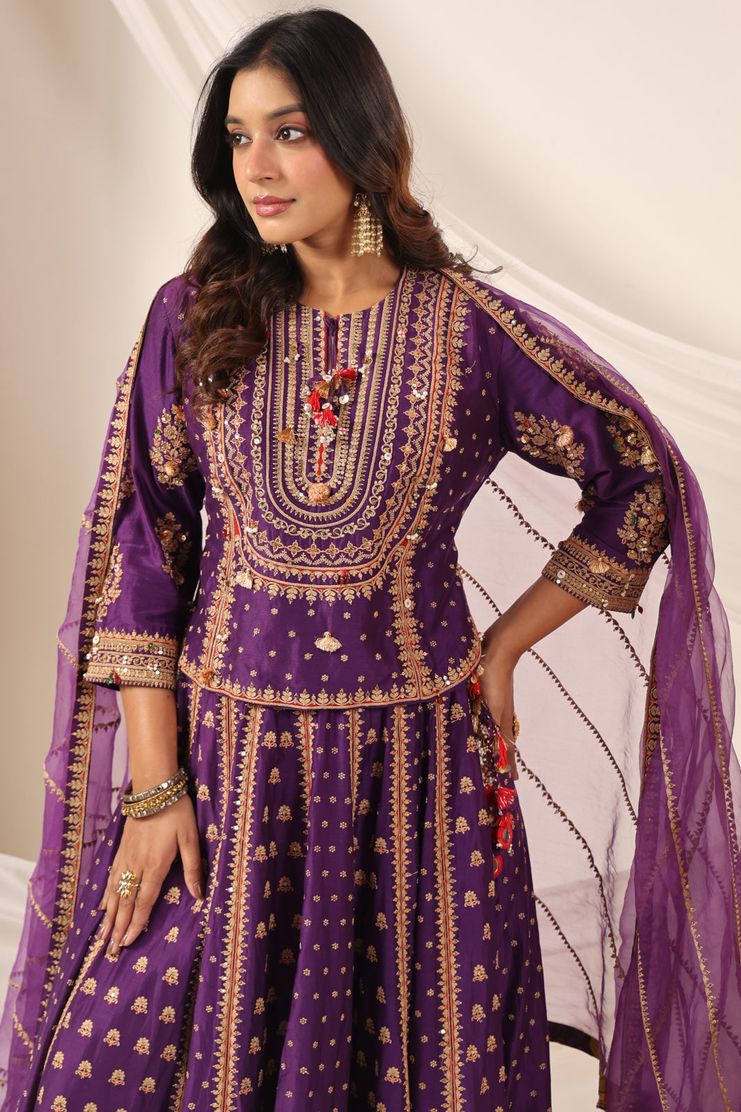 Purple Raw Silk Etnic Peplum Kurti With Lehanga Set And Netted Dupatta