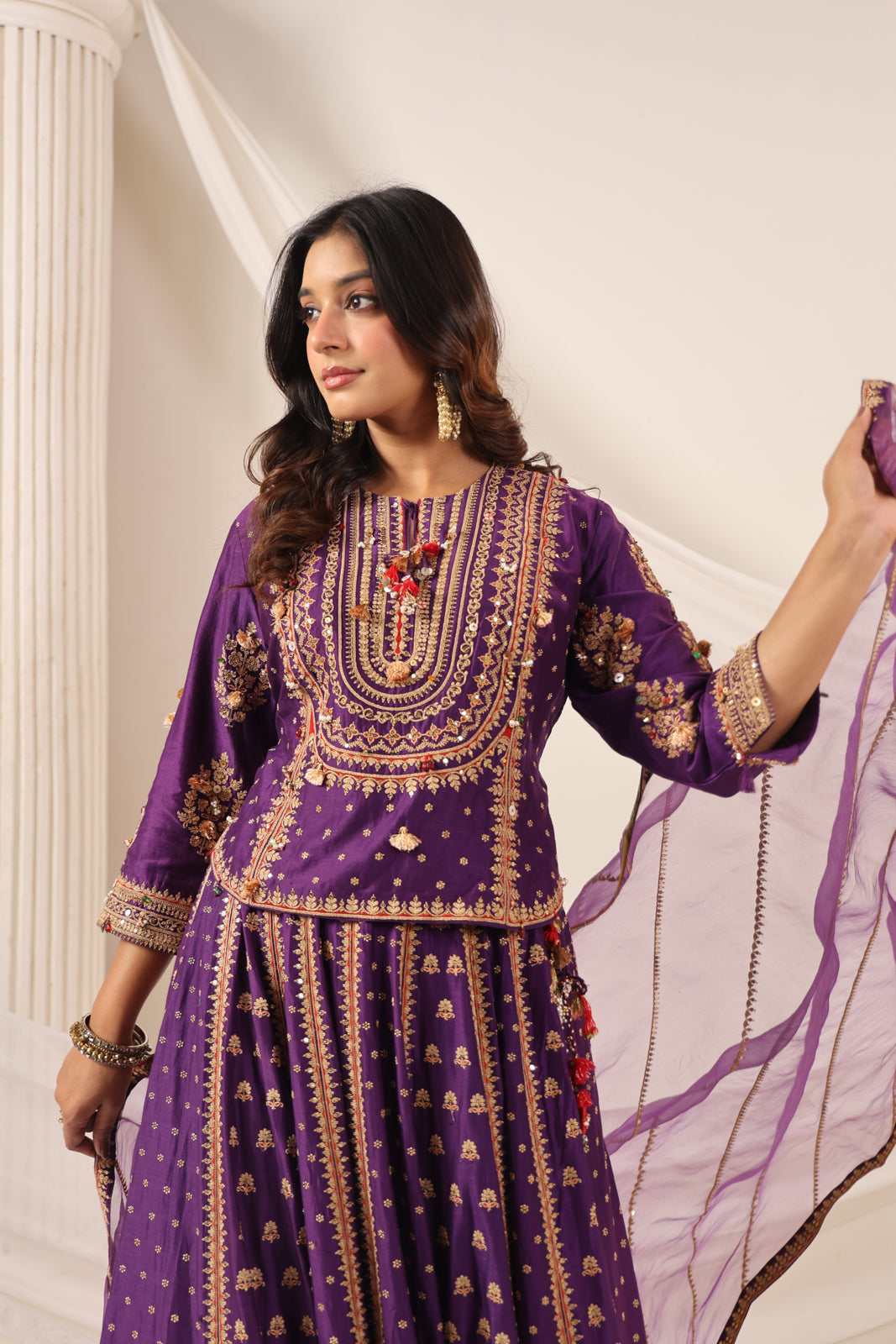 Purple Raw Silk Etnic Peplum Kurti With Lehanga Set And Netted Dupatta