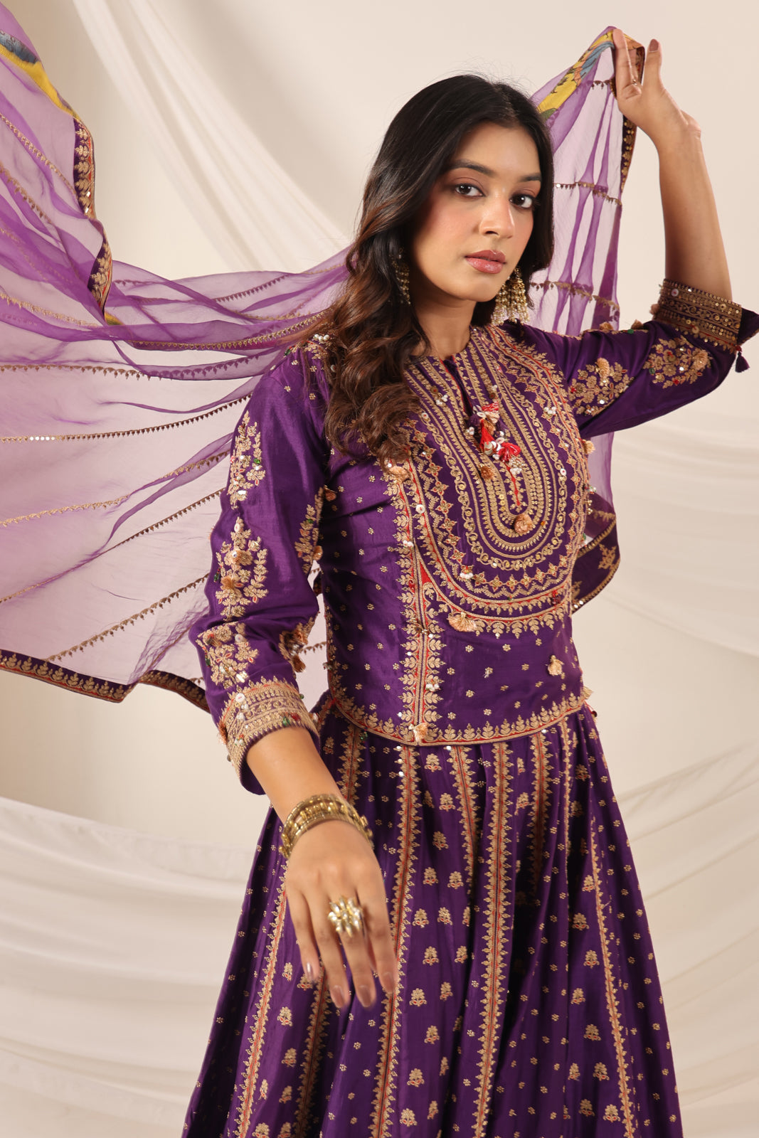Purple Raw Silk Etnic Peplum Kurti With Lehanga Set And Netted Dupatta