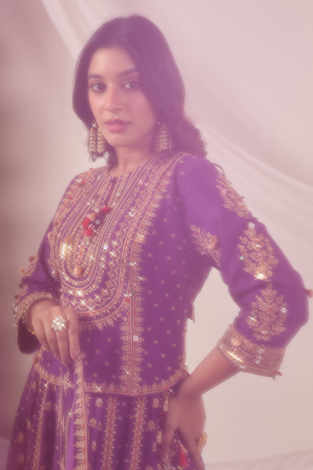Purple Raw Silk Etnic Peplum Kurti With Lehanga Set And Netted Dupatta
