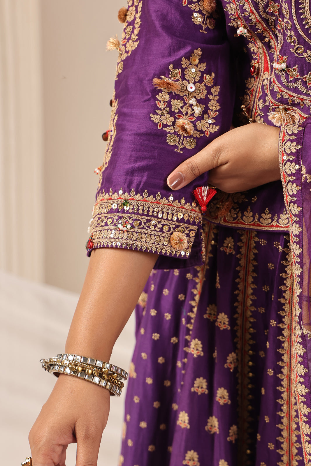 Purple Raw Silk Etnic Peplum Kurti With Lehanga Set And Netted Dupatta