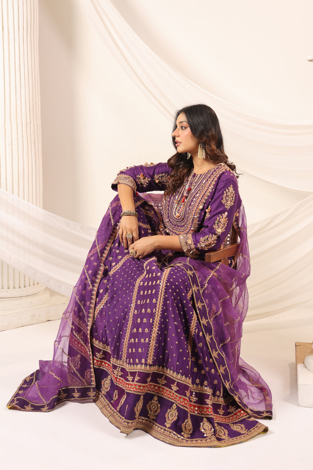 Purple Raw Silk Etnic Peplum Kurti With Lehanga Set And Netted Dupatta