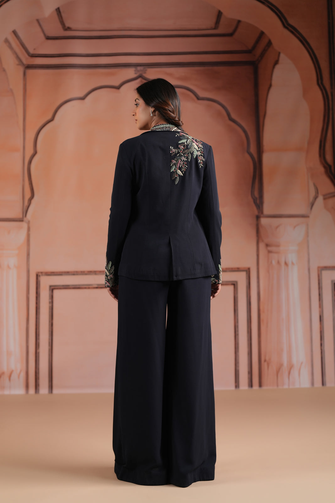 Black Crepe Crop Top & Wide-Leg Pant Paired With Elegant Embroided Long-Sleeve Jacket