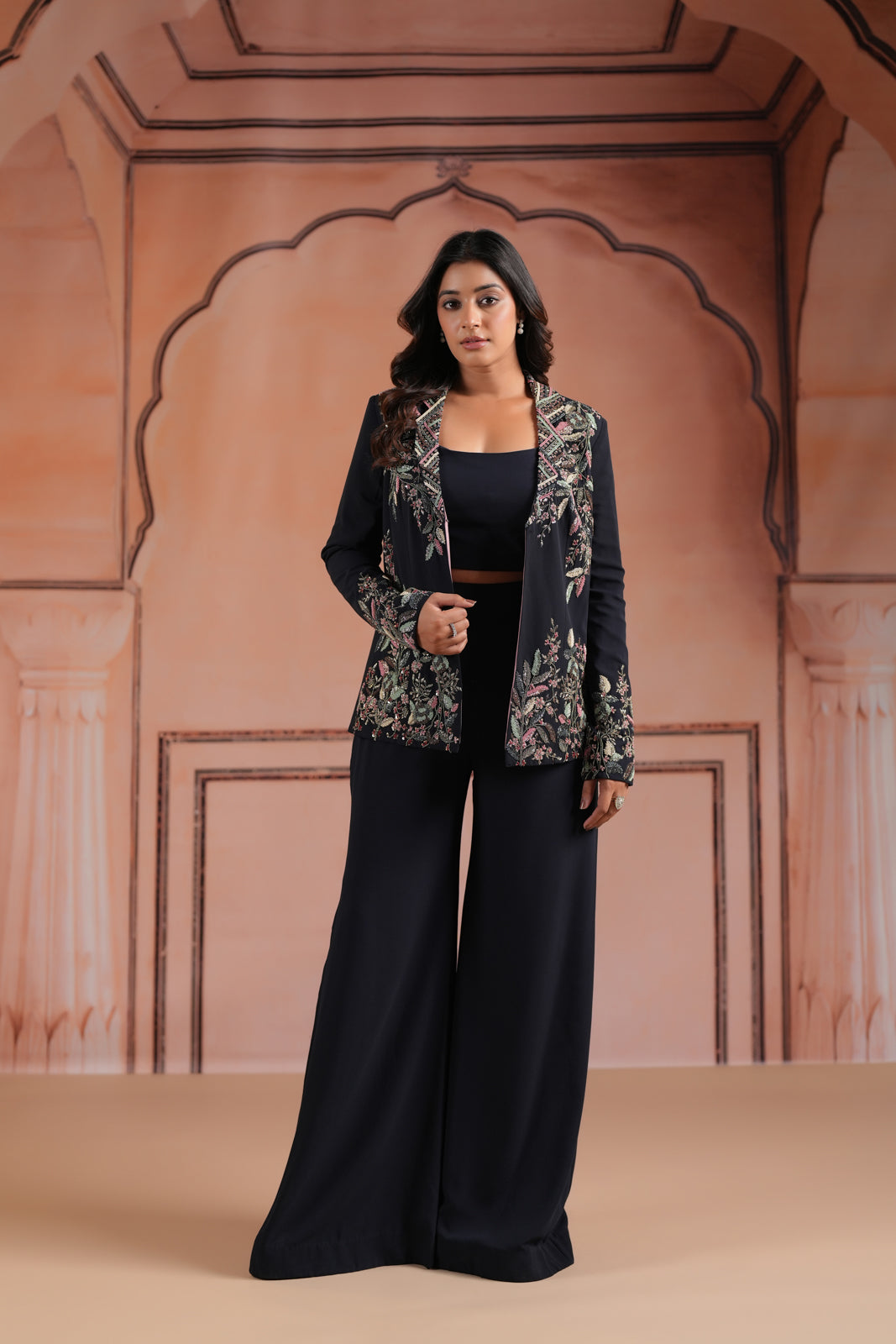 Black Crepe Crop Top & Wide-Leg Pant Paired With Elegant Embroided Long-Sleeve Jacket