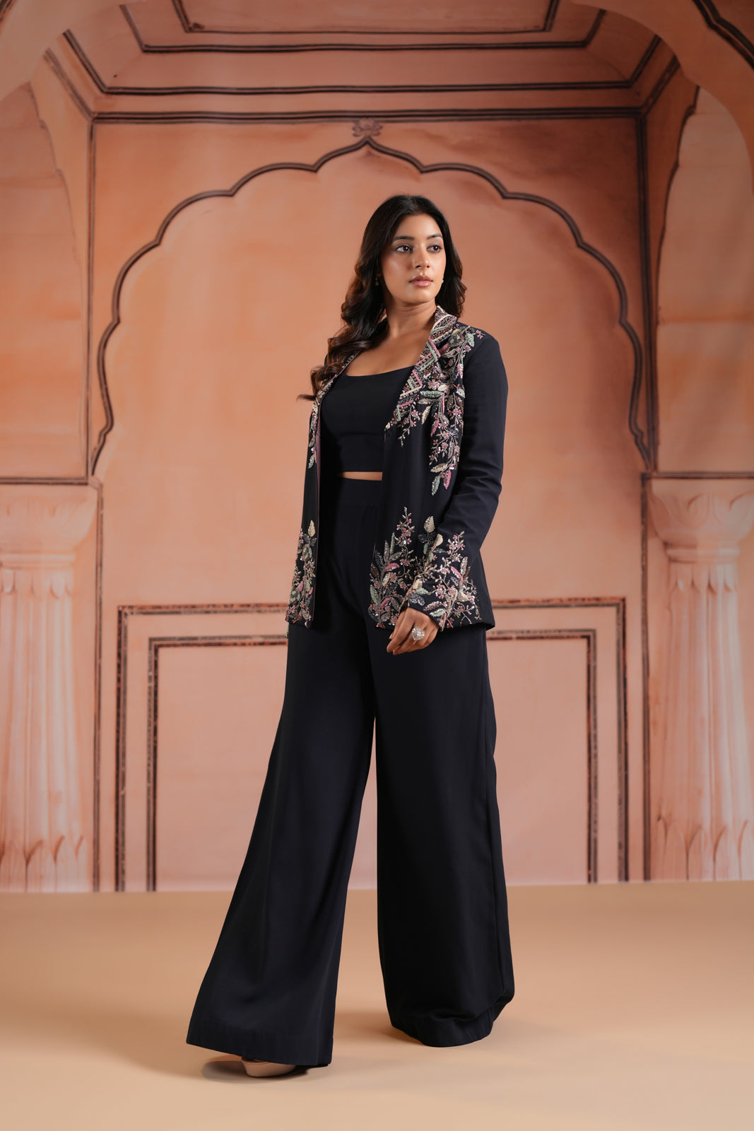 Black Crepe Crop Top & Wide-Leg Pant Paired With Elegant Embroided Long-Sleeve Jacket