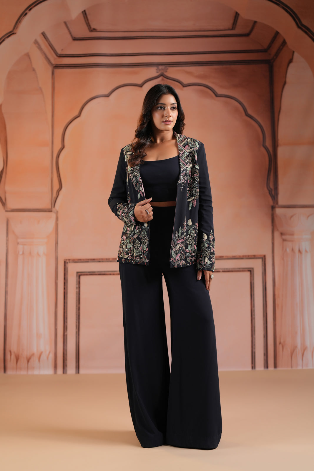 Black Crepe Crop Top & Wide-Leg Pant Paired With Elegant Embroided Long-Sleeve Jacket