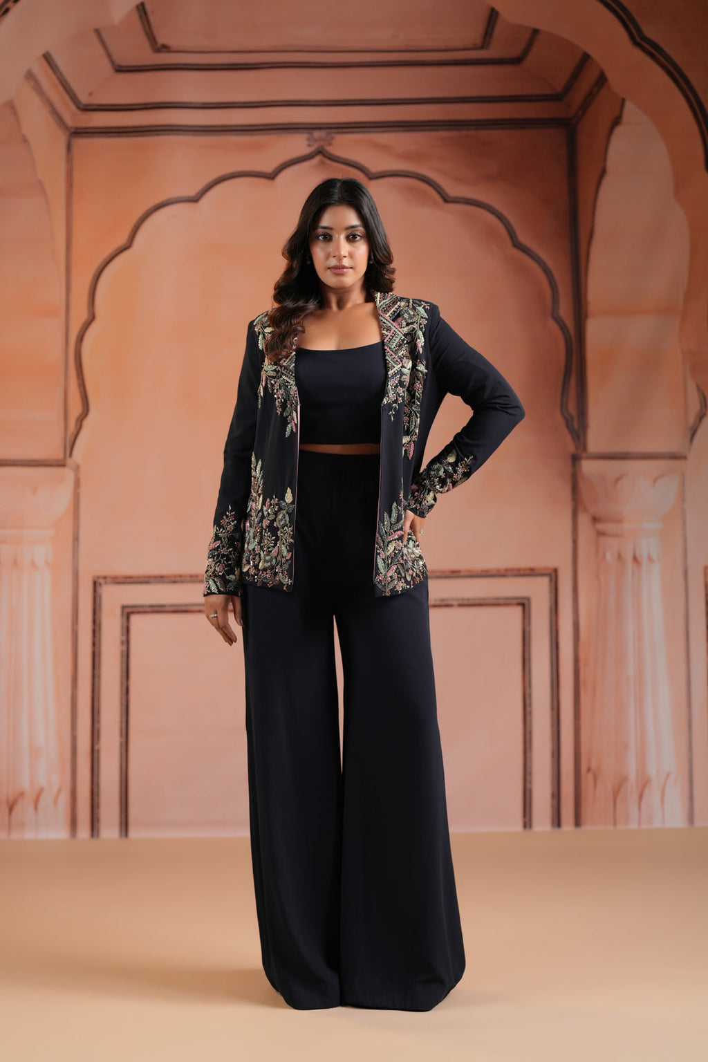 Black Crepe Crop Top & Wide-Leg Pant Paired With Elegant Embroided Long-Sleeve Jacket