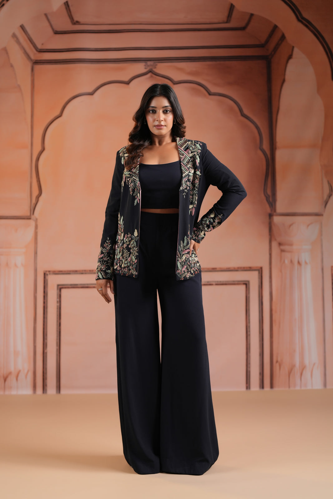 Black Crepe Crop Top & Wide-Leg Pant Paired With Elegant Embroided Long-Sleeve Jacket