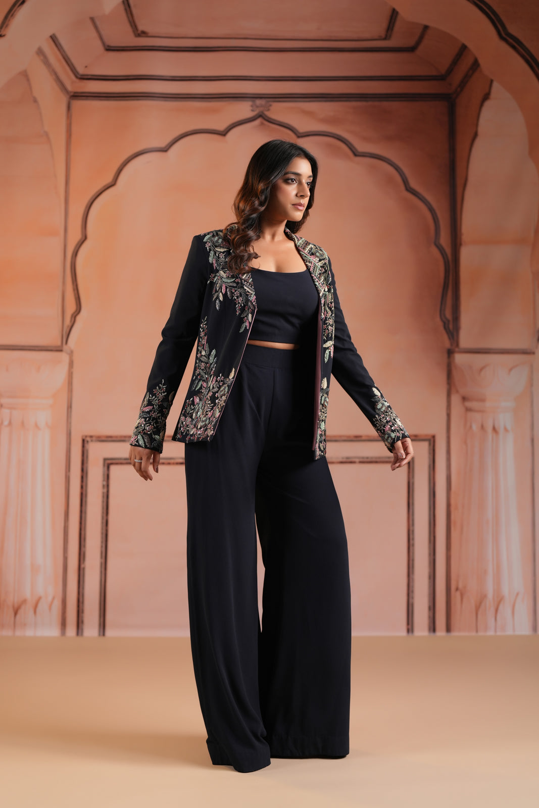 Black Crepe Crop Top & Wide-Leg Pant Paired With Elegant Embroided Long-Sleeve Jacket