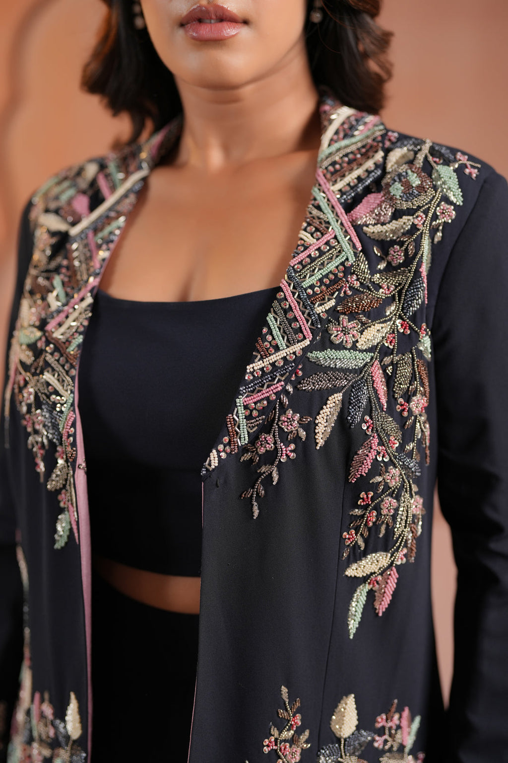 Black Crepe Crop Top & Wide-Leg Pant Paired With Elegant Embroided Long-Sleeve Jacket