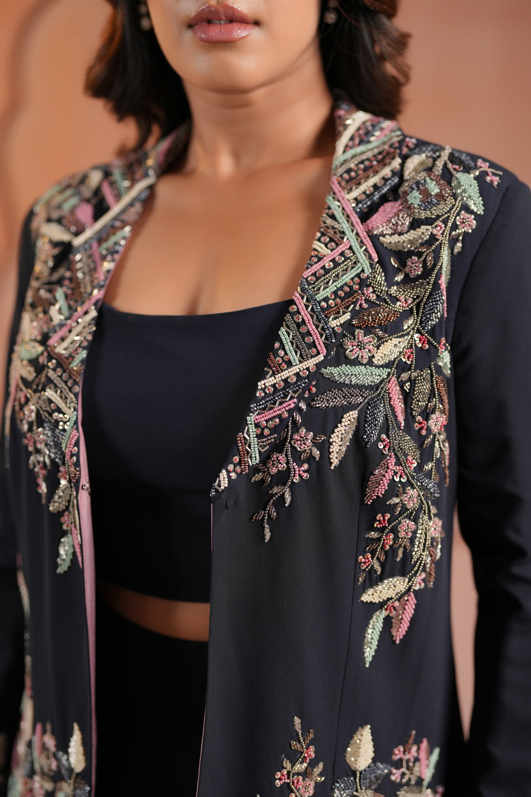 Black Crepe Crop Top & Wide-Leg Pant Paired With Elegant Embroided Long-Sleeve Jacket