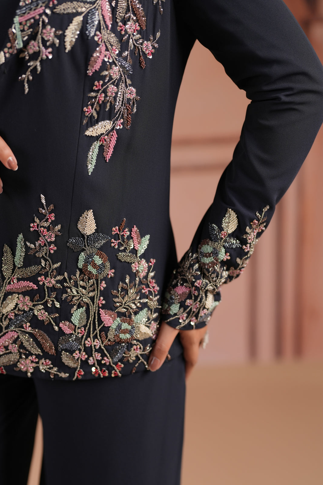 Black Crepe Crop Top & Wide-Leg Pant Paired With Elegant Embroided Long-Sleeve Jacket