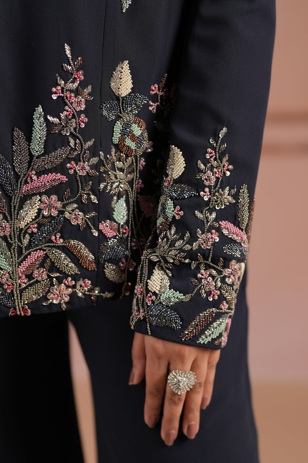 Black Crepe Crop Top & Wide-Leg Pant Paired With Elegant Embroided Long-Sleeve Jacket
