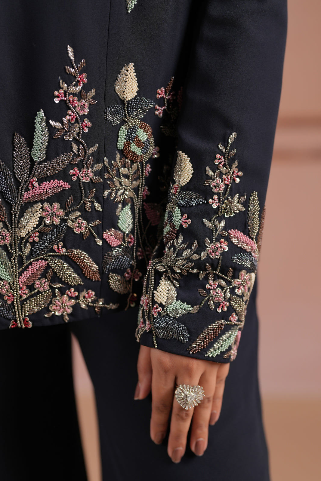 Black Crepe Crop Top & Wide-Leg Pant Paired With Elegant Embroided Long-Sleeve Jacket