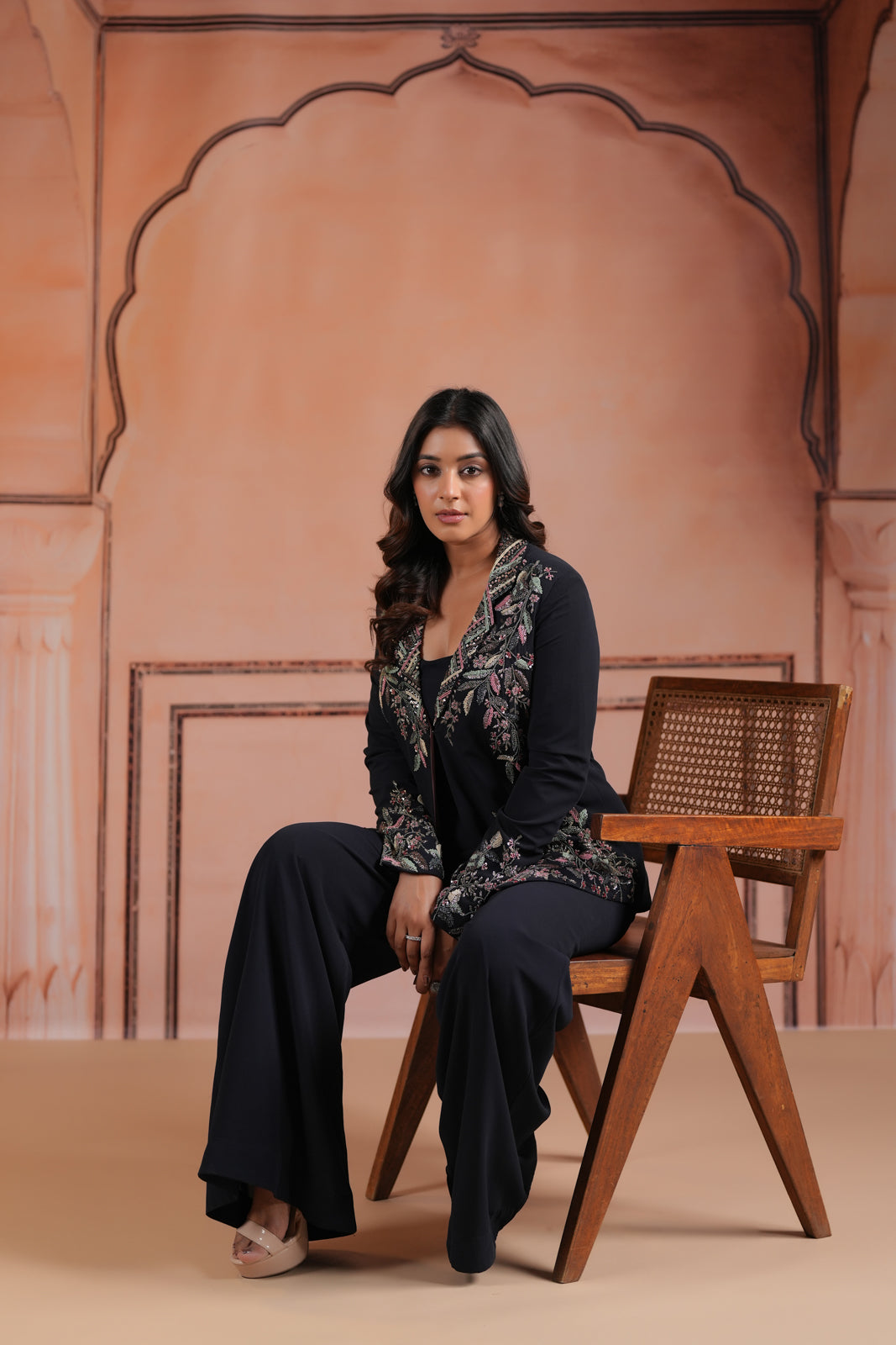 Black Crepe Crop Top & Wide-Leg Pant Paired With Elegant Embroided Long-Sleeve Jacket