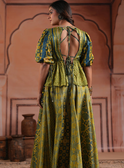 Olive Green Raw Silk Festive Peplum Skirt Set
