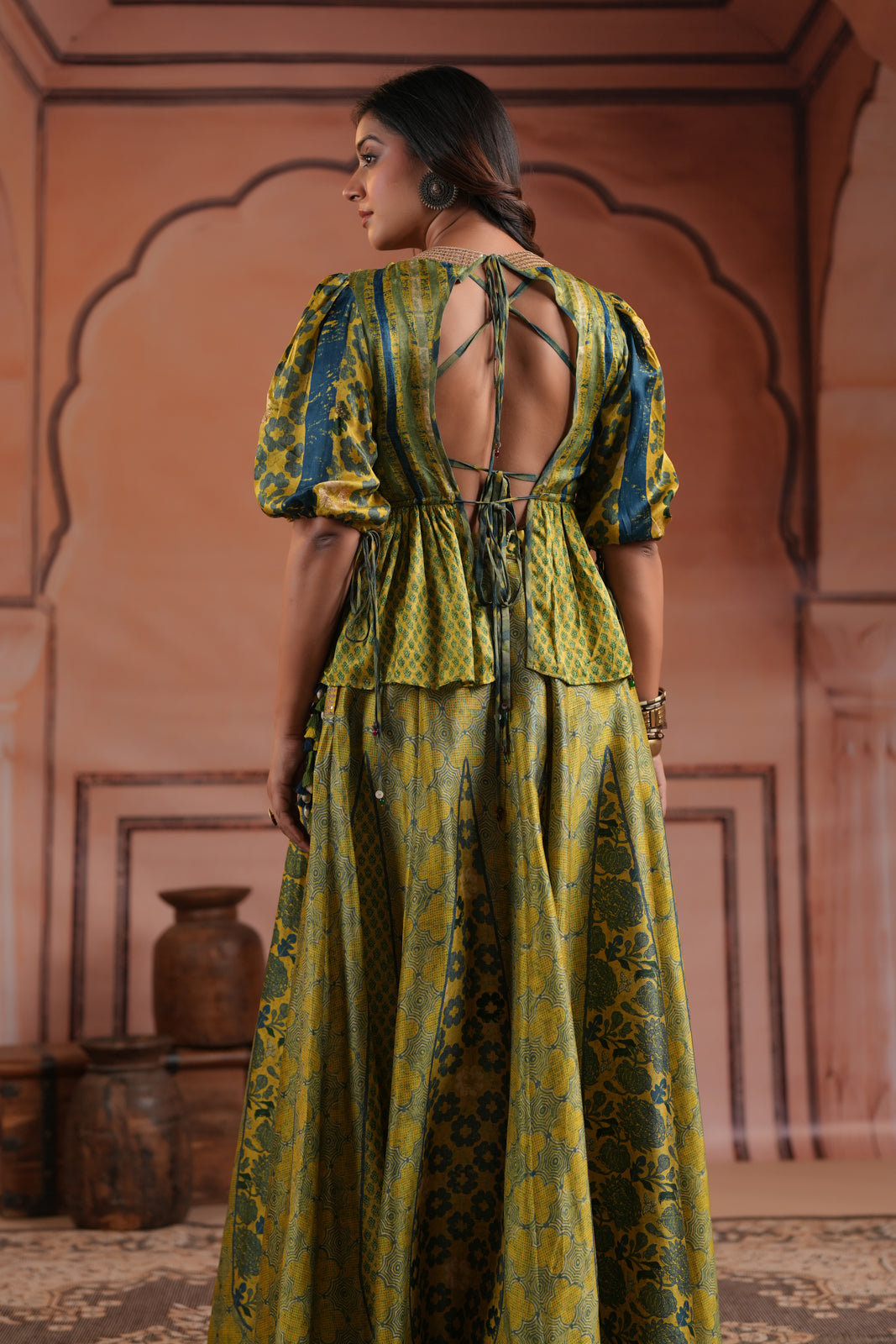 Olive Green Raw Silk Festive Peplum Skirt Set
