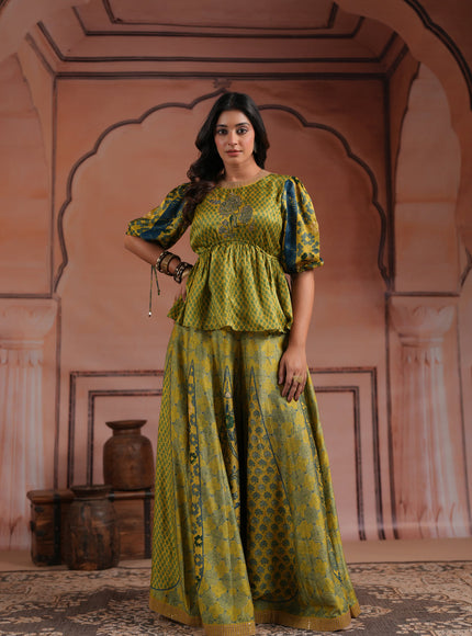 Olive Green Raw Silk Festive Peplum Skirt Set