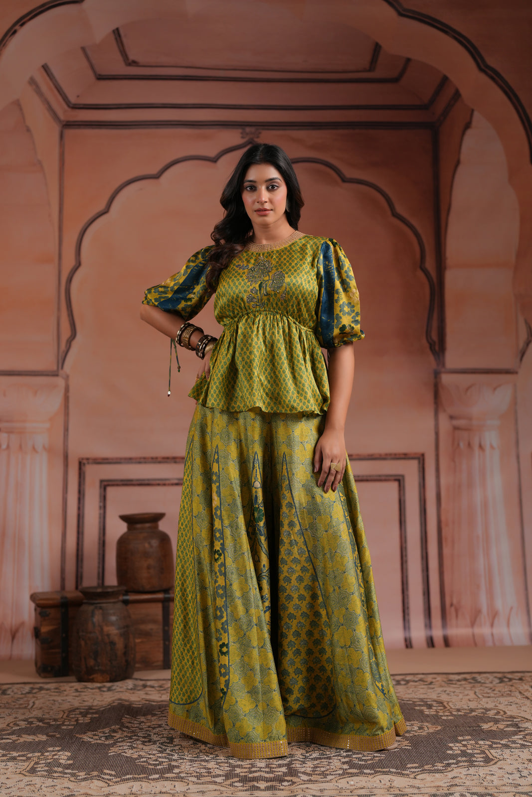 Olive Green Raw Silk Festive Peplum Skirt Set