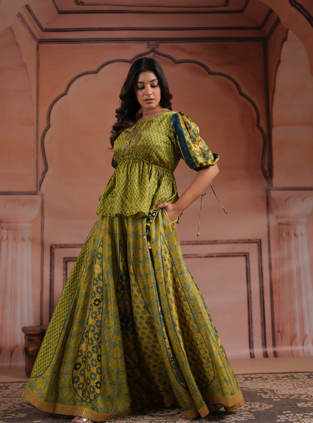 Olive Green Raw Silk Festive Peplum Skirt Set