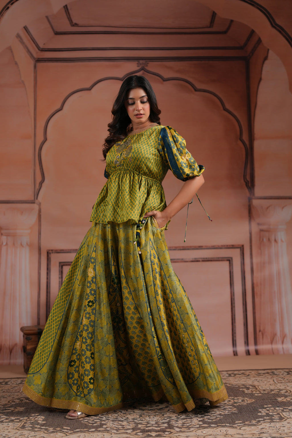 Olive Green Raw Silk Festive Peplum Skirt Set