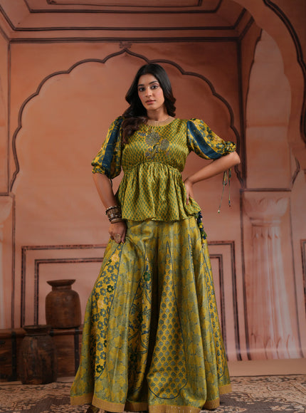 Olive Green Raw Silk Festive Peplum Skirt Set