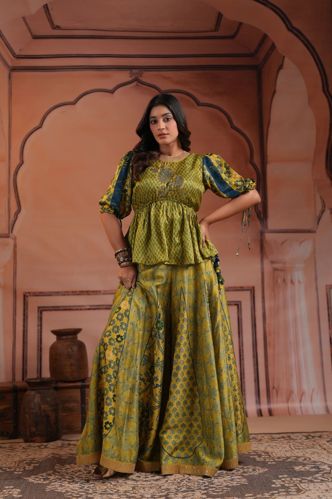 Olive Green Raw Silk Festive Peplum Skirt Set