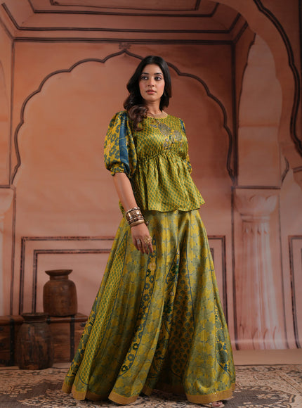 Olive Green Raw Silk Festive Peplum Skirt Set