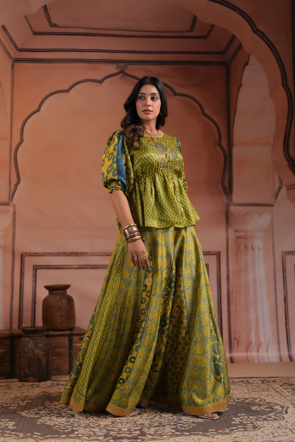 Olive Green Raw Silk Festive Peplum Skirt Set